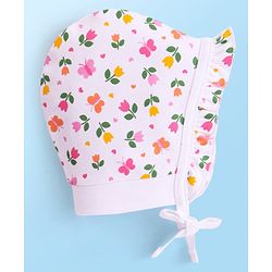 Babyhug 100% Cotton Interlock Knit Caps With Hearts & Floral Print Pack of 2 - Pink & White