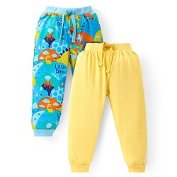 Babyhug Cotton Knit Full Length Lounge Pants With Dino Print Pack Of 2 - Yellow & Light Blue