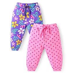 Babyhug Cotton Knit Full Length Lounge Pants With Floral Print Pack of 2 - Purple & Pink