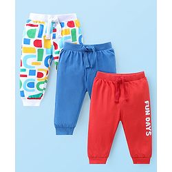Babyhug Cotton Knit Full Length Lounge Pants With Text Print Pack Of 3 - White Blue & Red