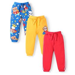 Babyhug Cotton Knit Full Length Lounge Pants With Animals Print Pack Of 3 - Red Yellow & Blue