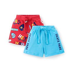 Babyhug Cotton Knit Shorts With Text Print Pack of 2 - Blue & Red