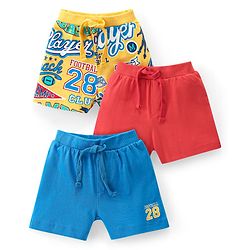 Babyhug Cotton Knit Shorts With Varsity Print Pack Of 3 - Red Blue & Yellow