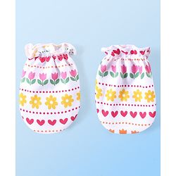 Babyhug 100% Cotton Interlock Knit Mittens & Booties Set Floral & Hearts Print - Multicolor