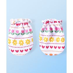 Babyhug 100% Cotton Interlock Knit Mittens & Booties Set Floral & Hearts Print - Multicolor