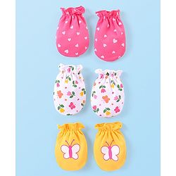 Babyhug 100% Cotton Interlock Knit Mitten Set with Hearts & Floral Print  Pack of 3 - Multicolour