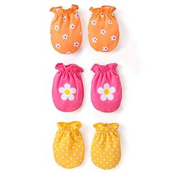 Babyhug 100% Cotton Interlock Knit Mittens With Floral & Polka Dots Print Pack of 3 - Yellow Pink & Orange