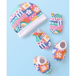 Babyhug 100% Cotton Cap Mittens & Booties Floral Printed - Multicolor