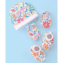 Babyhug 100% Cotton Cap Mittens & Booties Floral Printed - Multicolor