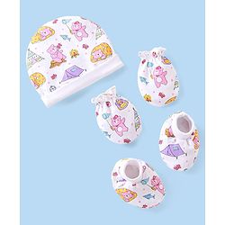 Babyhug 100% Cotton Cap Mittens & Booties with Beach Theme -Multicolour