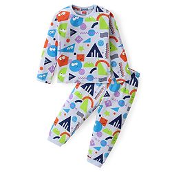 Babyhug Cotton Knit Full Sleeves Night Suit With Geometrical Print - Blue & White