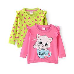 Babyhug Cotton Knit Full Sleeves Sweatshirts With Kitty & Heart Print Pack of 2 - Green & Pink