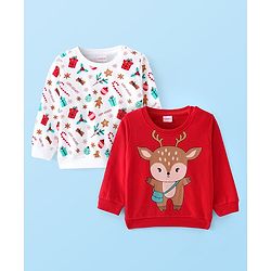 Babyhug Cotton Knit Full Sleeves Sweatshirts With Christmas Theme Pack of 2 - White & Red