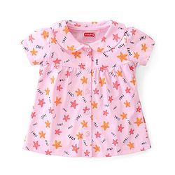 Babyhug Cotton Knit Half Sleeves Peter Pan Collared Night Suit With Star Print - Pink