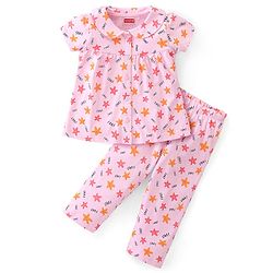 Babyhug Cotton Knit Half Sleeves Peter Pan Collared Night Suit With Star Print - Pink