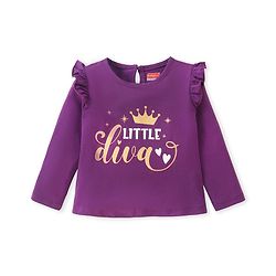 Babyhug Cotton Knit Full Sleeves Top With Text Graphics & Frill Detailing -Purple