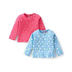 Babyhug Cotton Knit Full Sleeves T-Shirt With Floral Print & Bow Applique Pack of 2 - Pink & Blue