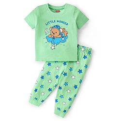 Babyhug Single Jersey Half Sleeves Night Suit with Bear & Star Print - Green
