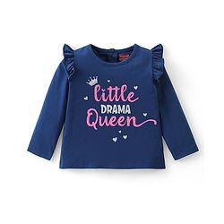 Babyhug Cotton Knit Full Sleeves Top with Frill Detailing & Text Print - Navy Blue