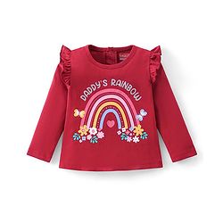 Babyhug 100% Cotton Knit Full Sleeves Top with Rainbow Graphics & Frill Detailing- Maroon