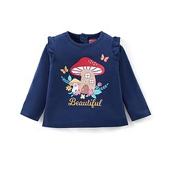 Babyhug Cotton Knit Full Sleeves Top with Frill Detailing & Mushroom Graphic - Navy Blue