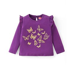 Babyhug Cotton Knit Full Sleeves Top with Butterfly Print & Frill Detailing - Purple