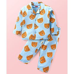 Babyhug Cotton  Knit Full Sleeves Front Open Night Suit with Tiger Print- Blue