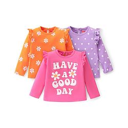Babyhug Cotton Knit Frill Sleeves Top with Floral & Polka Dot Print Pack of 3 - Pink Orange & Purple