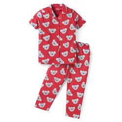 Babyhug Cotton Knit Half Sleeves Front Open Collar Neck Night Suit with Koala Print - Red