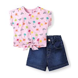 Babyhug Single Jersey Cotton Knit Half Sleeves Tropical Printed Top & Denim Shorts Set - Pink & Blue