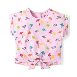 Babyhug Single Jersey Cotton Knit Half Sleeves Tropical Printed Top & Denim Shorts Set - Pink & Blue