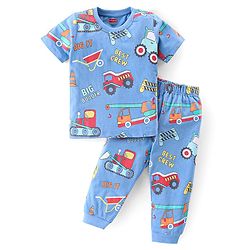 Babyhug Cotton Knit Half Sleeves Night Suit with Construction Vehicles Print - Blue