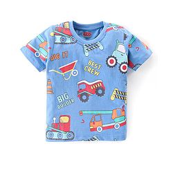 Babyhug Cotton Knit Half Sleeves Night Suit with Construction Vehicles Print - Blue