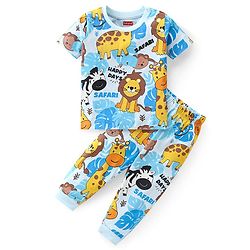 Babyhug Cotton Knit Half Sleeves Night Suit With Jungle Safari Theme Print - Blue