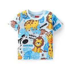 Babyhug Cotton Knit Half Sleeves Night Suit With Jungle Safari Theme Print - Blue