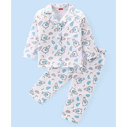 Babyhug Cotton Knit Full Sleeves Front Open Night Suit With Teddy Print - White