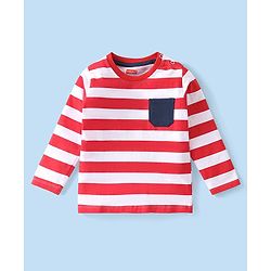 Babyhug Cotton Knit Full Sleeves Striped T-Shirt with Pocket - Red & White