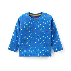 Babyhug Cotton Knit  Full Sleeves T-Shirt with Heart & Star Print - Blue