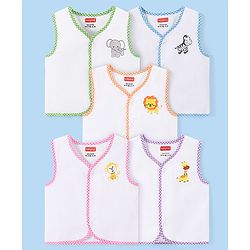 Babyhug 100% Cotton Cambric Sleeveless  Front Open Jhablas with Animal Print Pack of 5 - White