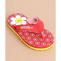 Cute Walk by Babyhug Slip On Flip Flops With Floral Print - Red