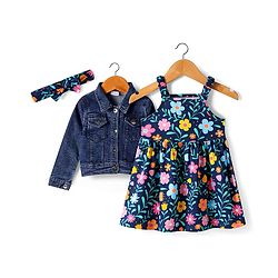 Babyhug Single Jersey Knit Full Sleeves Jacket & Floral Printed Frock with Headband - Navy Blue