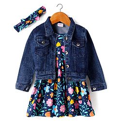 Babyhug Single Jersey Knit Full Sleeves Jacket & Floral Printed Frock with Headband - Navy Blue