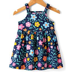 Babyhug Single Jersey Knit Full Sleeves Jacket & Floral Printed Frock with Headband - Navy Blue