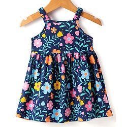 Babyhug Single Jersey Knit Full Sleeves Jacket & Floral Printed Frock with Headband - Navy Blue