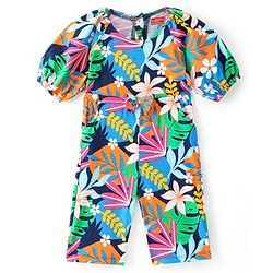 Babyhug Single Jersey Knit Half Sleeves Jumpsuit with Floral Print & Bow Applique - Navy Blue
