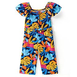 Babyhug Single Jersey Knit Half Sleeves Jumpsuit with Tropical Theme & Bow Applique - Navy Blue