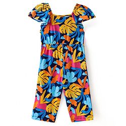 Babyhug Single Jersey Knit Half Sleeves Jumpsuit with Tropical Theme & Bow Applique - Navy Blue