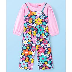 Babyhug Single Jersey Knit Floral Printed Jumpsuit with Solid Full Peasant Sleeves - Pink & Navy Blue