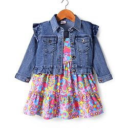 Babyhug Single Jersey Knit Floral Printed Frock With Full Sleeves Denim Jacket - Navy Blue