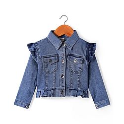 Babyhug Single Jersey Knit Floral Printed Frock With Full Sleeves Denim Jacket - Navy Blue